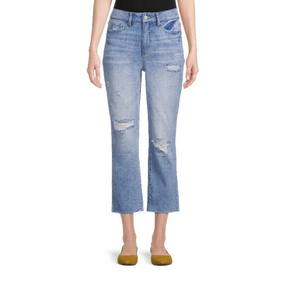 Women’s High-Rise Destructed Denim Cropped Straight Leg Jeans Pants Size 18 - Picture 2 of 5
